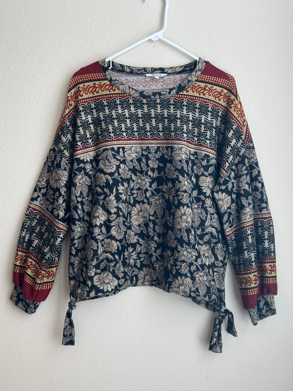 Madewell Boho Mixed Floral Border Print Cinch Tie Hem Blouse Top Small